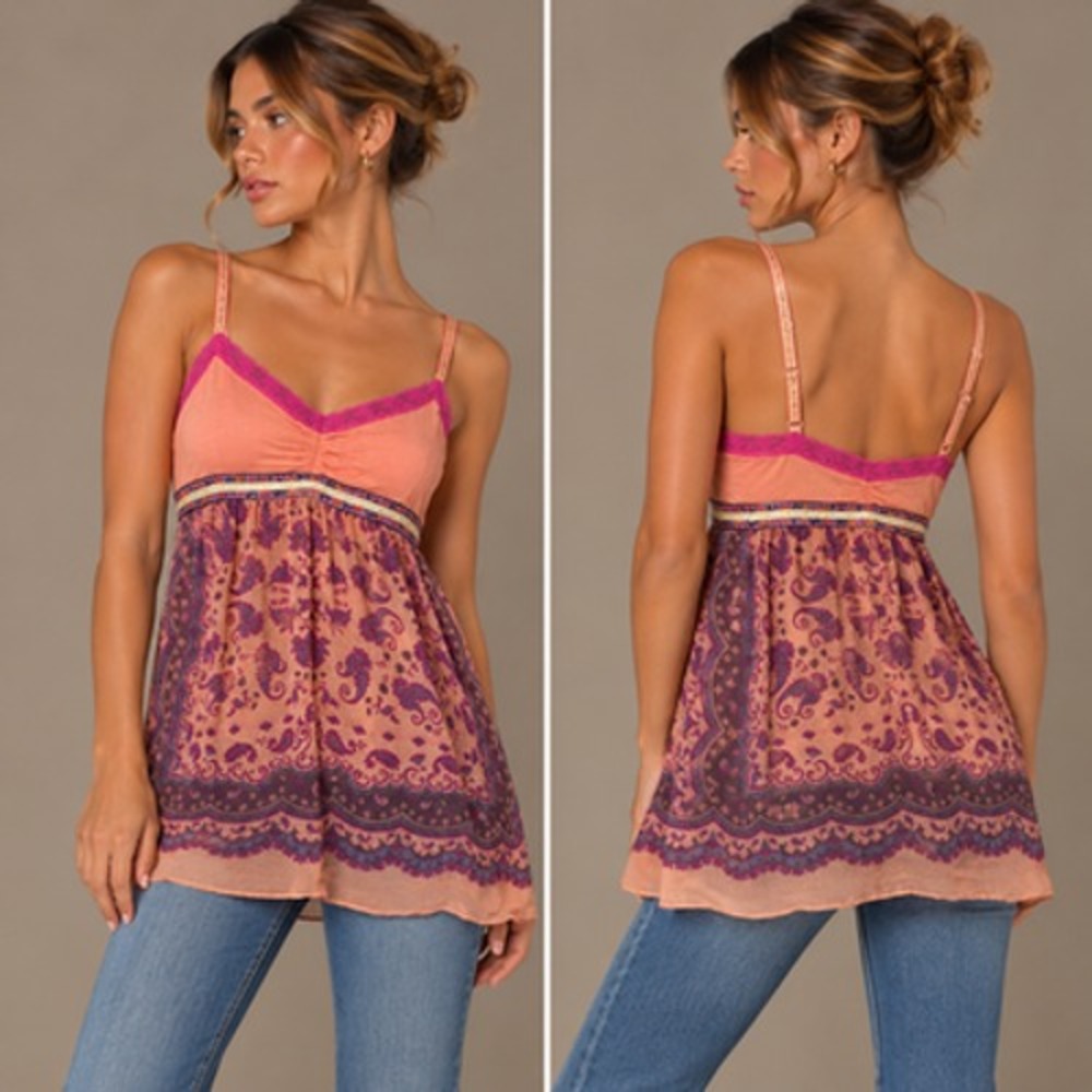 Free People Y2K Fairy Tank Womens Large Babydoll Paisley Lace Boho Silk Cotton